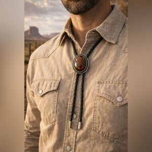 🌟🌟Black Braided Bolo Tie with Agate Stone